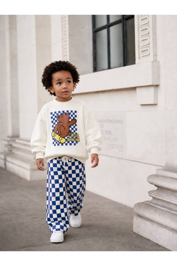 Boy's Cotton Teddy Bear Printed Sweatshirt and Navy Blue Checkered Sweatpants Set