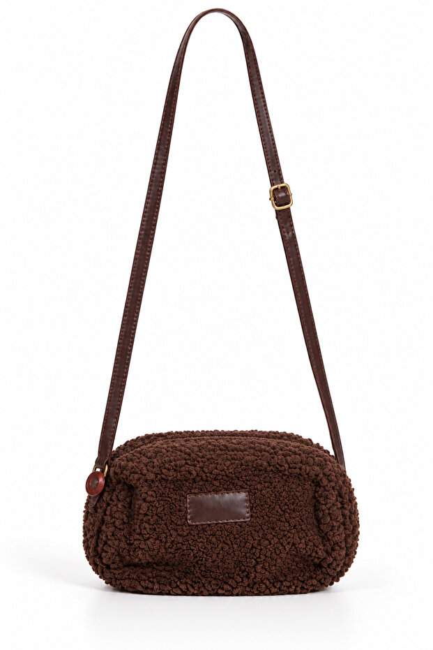 Women's Brown Leather Strap Adjustable Strap Pocketless Lined Zippered Crossbody Small Plush Bag