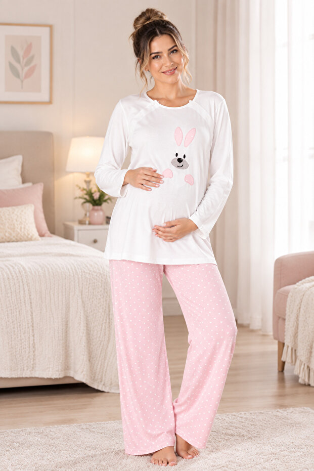 Rabbit Detailed Long Sleeve Maternity Adjustable Waist Pajama Set Effortt