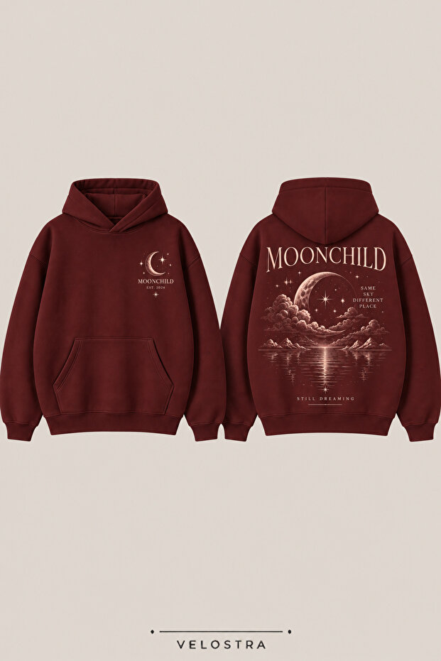Unisex Moonchild Printed Daily Use Comfortable Burgundy 3-Thread Combed Cotton Hooded Sweatshirt