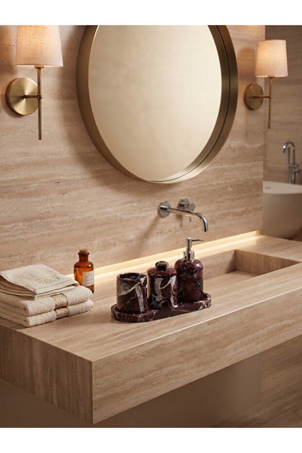 Natural Stone Cherry Marble 4-Piece Bathroom Set with Elliptical Tray