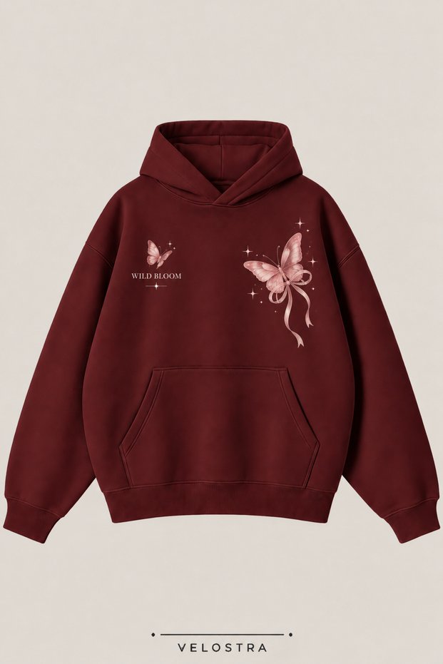 Women's Butterfly Printed Casual Comfortable Burgundy 3-Thread Combed Cotton Hooded Sweatshirt