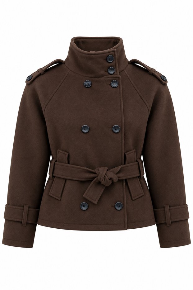 Women's Cashmere Lined Stand Collar Epaulet Lined Coat with Tied Pockets