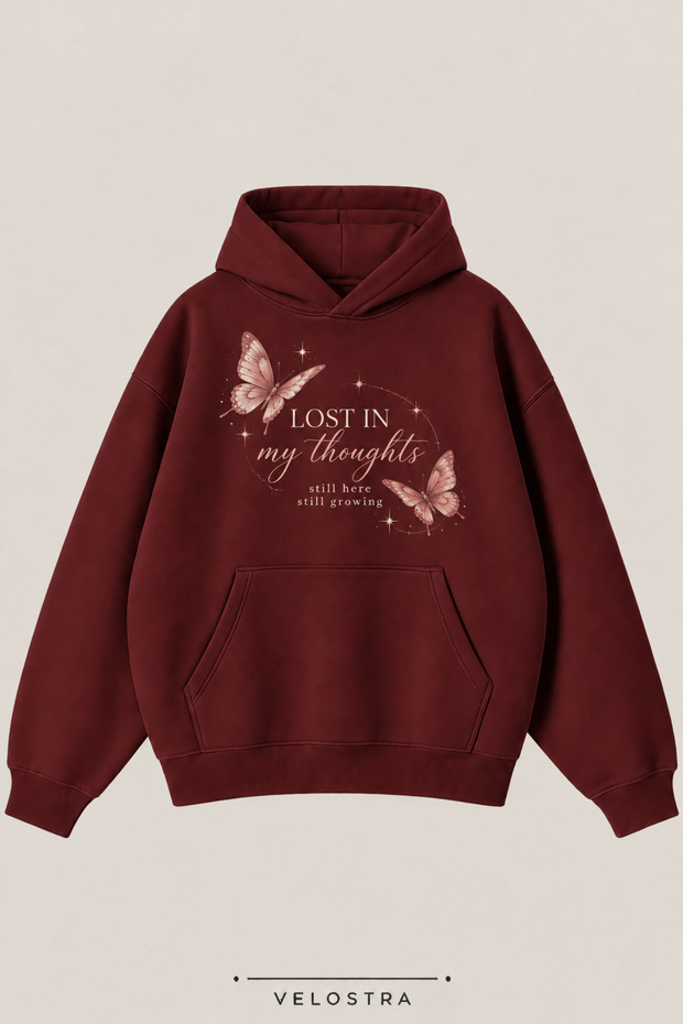 Women's Lost in My Thoughts Printed Daily Use Comfortable Burgundy 3 Thread Combed Cotton Hooded Sweatshirt
