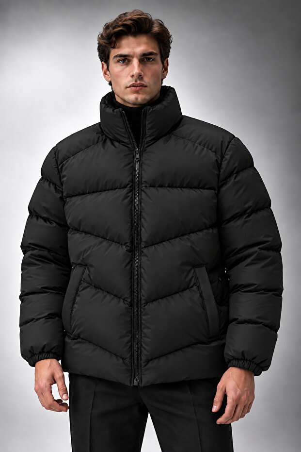 Men's Black Stand Collar Elastic Sleeve Winter Zippered Inflatable Coat