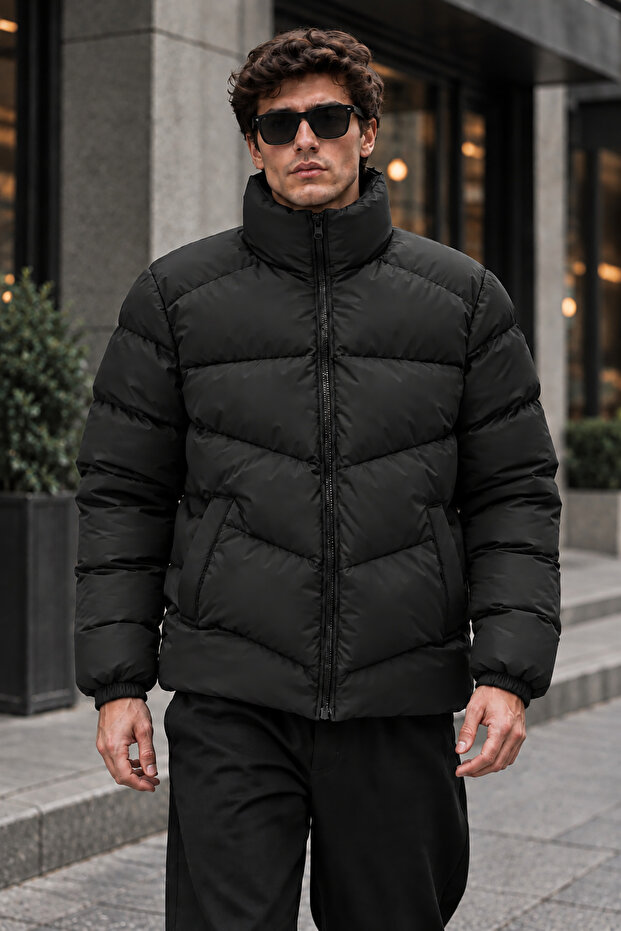New Now Men's Black Stand Collar Puffer Jacket