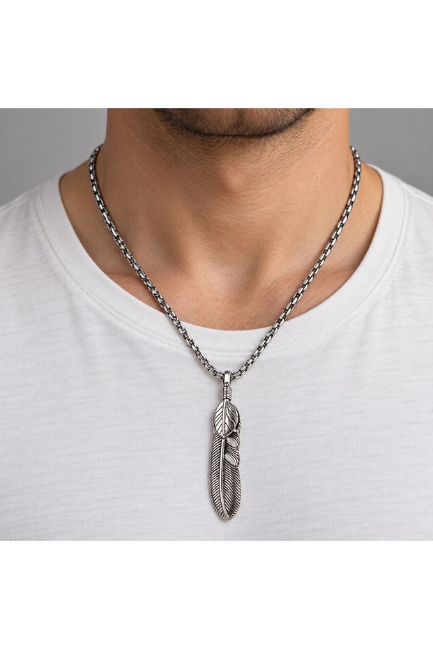 Feather Figured Men's Necklace with Albanian Chain Detail, Silver Color, 60 cm Long Chain