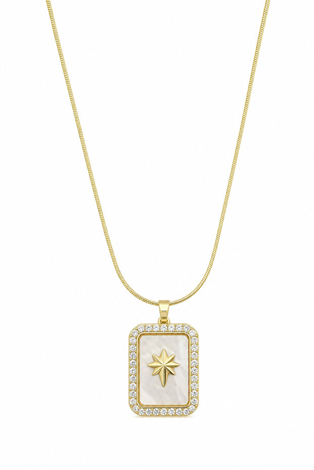Steel Star Motif Rectangular Zircon Stone Yellow Color Necklace