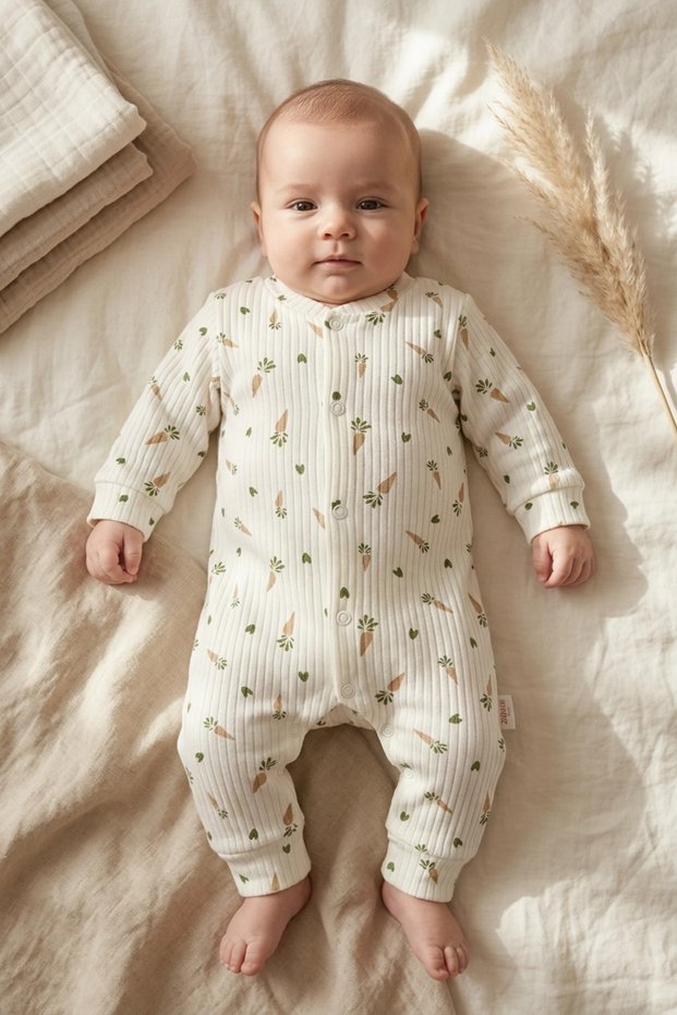 Brown Carrot Patterned Fabric 100% Cotton Baby Boy Romper 3-6-9 Months