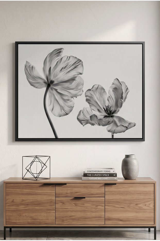 Minimalist Black and White Tulip Nature Wall Art | Portrait Framed Canvas Print | Luxury Modern Botanical Decor for Living Room
