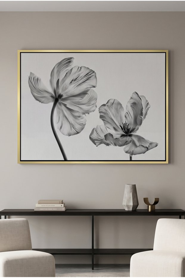 Minimalist Black and White Tulip Nature Wall Art | Portrait Framed Canvas Print | Luxury Modern Botanical Decor for Living Room