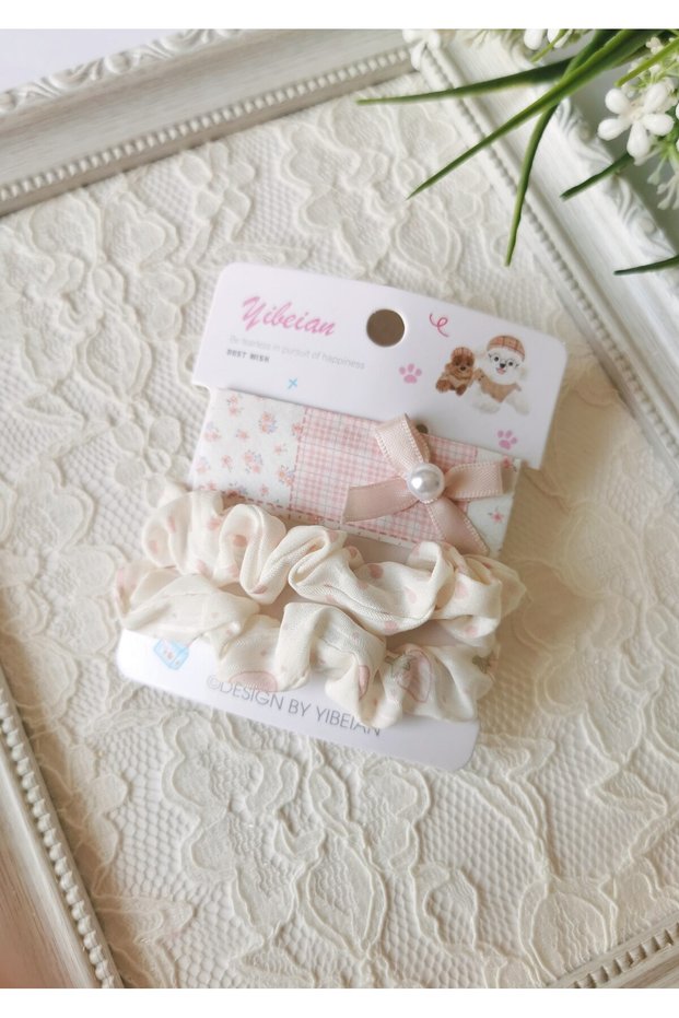 Powder Pink Plaid and Floral Patterned Pearl Detailed 3-Piece Buckle Set
