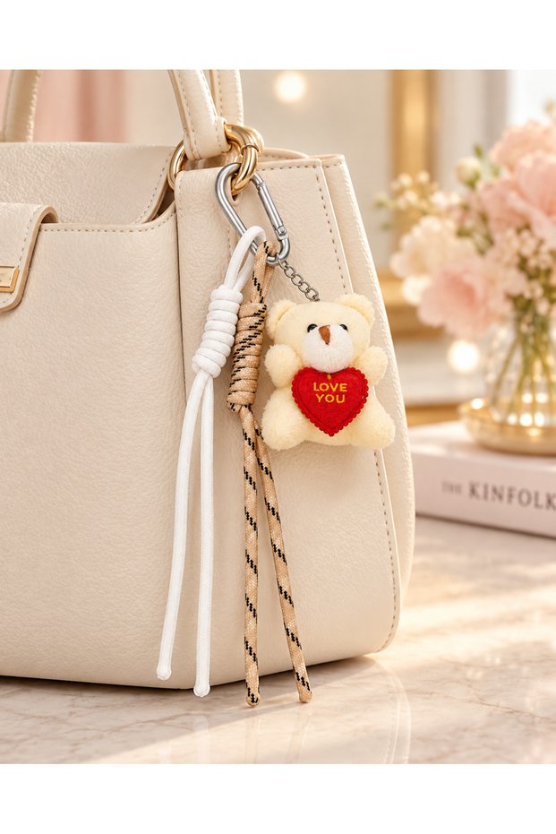 Ecru Love Teddy Bear Figured Drawstring Bag Charm