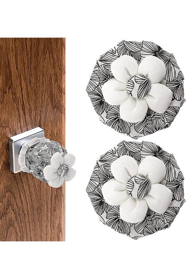 2 Pcs Floral Door Knob Covers,Soft Round Door Handle Protectors with Sponge Padding,Washable and Reusable,Black and White