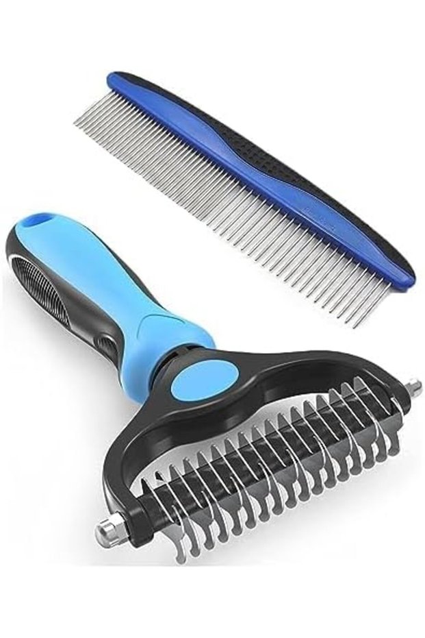 Dog and Cat Grooming Brush and Metal Comb Set,Double Sided Dematting Undercoat Rake for Mats and Tangles