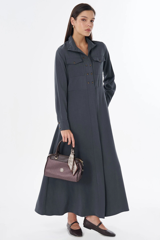 High Collar Lyocell Viscose Dress Smoked