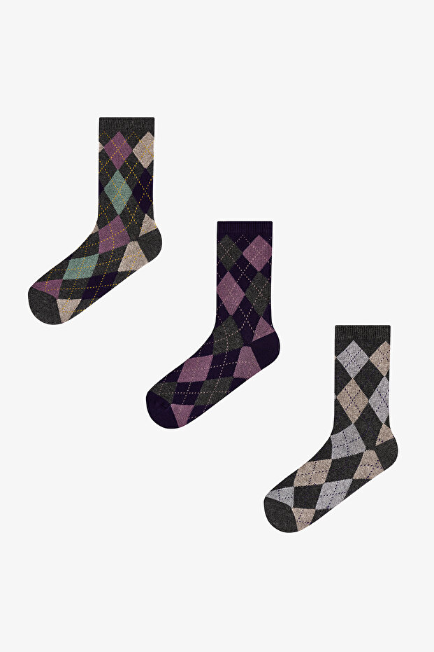 Purple Gray Classy Diamond Baklava Patterned Cotton 3 Pair Socks
