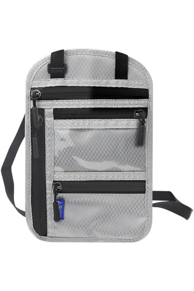 Neck Wallet Passport Bag,RFID Blocking Waterproof Travel Pouch with Zipper and Visual Window,Grey
