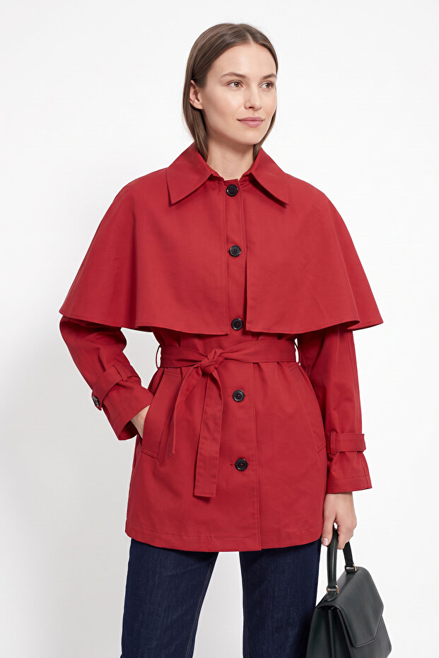 Cape Detailed Trench Coat 202712 - Red