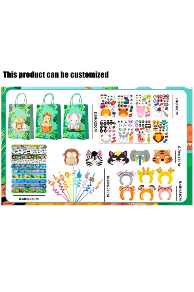 60-Piece Jungle Safari Party Favors Kit – Animal Masks, Headband Balloons, Slap Bracelets, Stickers, Curly Straws & Gift Bags