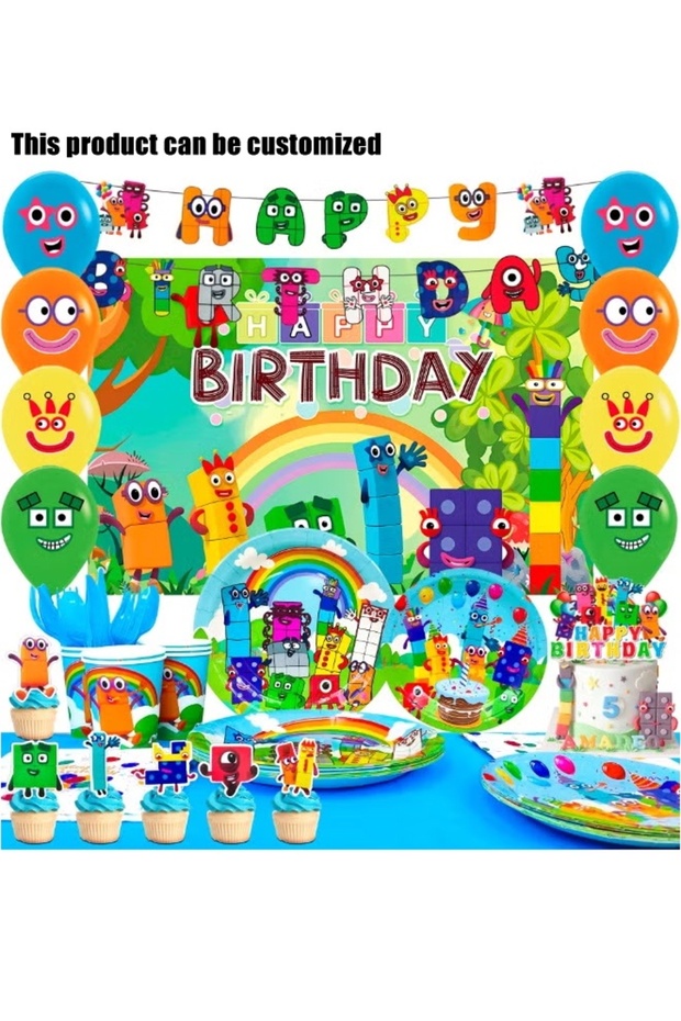 112-Piece Number Blocks Birthday Party Decor Kit – Banner, Backdrop, Balloons, Paper Plates, Cups, Tablecloth & Cake Toppers
