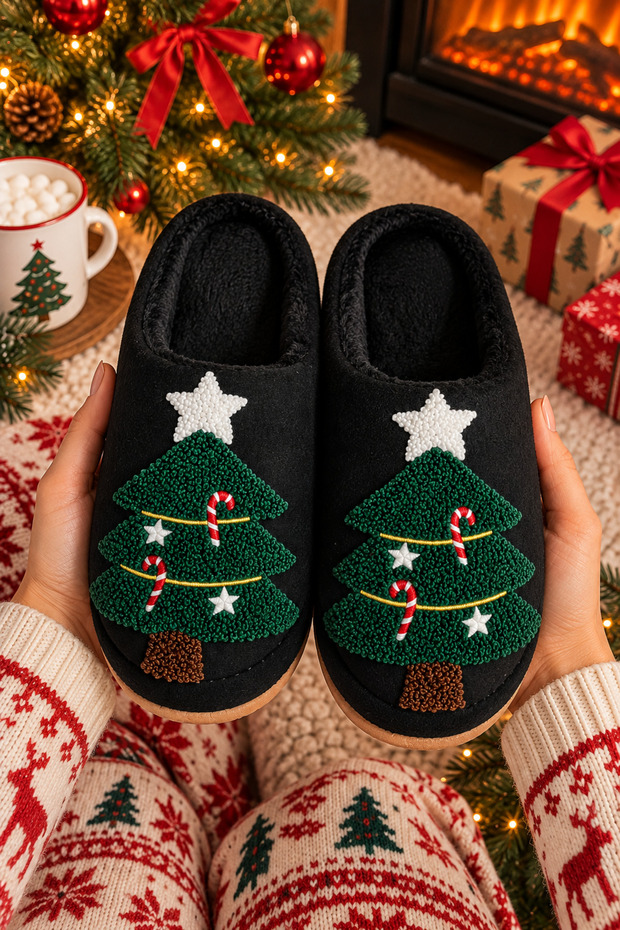 Women's New Year's Themed, Pine Tree Embroidered, Suede, Plush Lined House Slippers