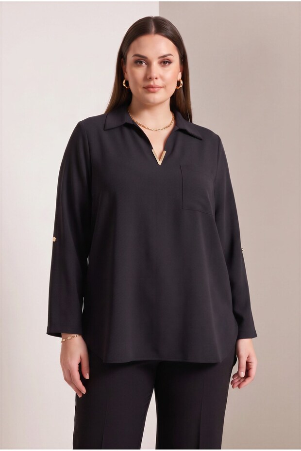 Collar Stone Detailed Plus Size Crepe Blouse Black