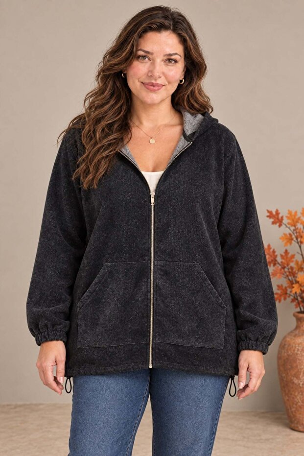 Soft Velvet Zippered Oversized Sweatshirt Black