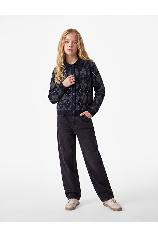 Baklava Patterned Buttoned Long Sleeve Polo Collar Knitwear Cardigan