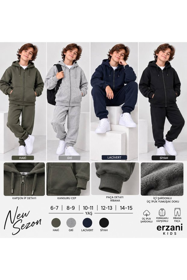Boy's 3 Threaded Hooded Zipper & Jogger Tracksuit Set