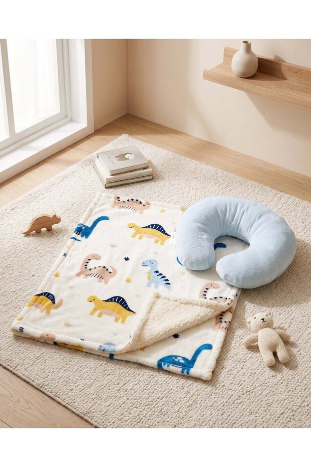 Baby Blue Dinosaur Print Blanket, Pillow And Rattle Toy Set - 3 Piece
