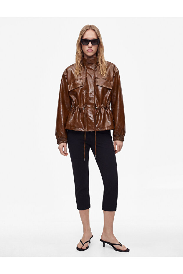 Drawstring Long Sleeve Stand Collar Leather Look Jacket with Pockets