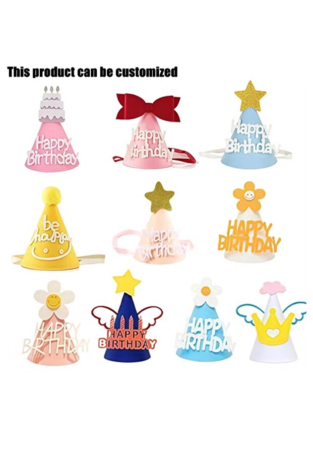 10Pcs Cute Felt Birthday Party Cone Hats, Assorted Designs Happy Birthday