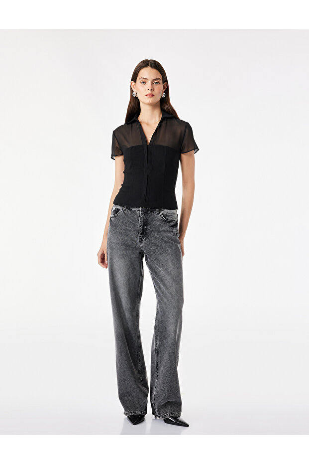 Slim Fit Short Sleeve Shirt Collar Viscose Blouse