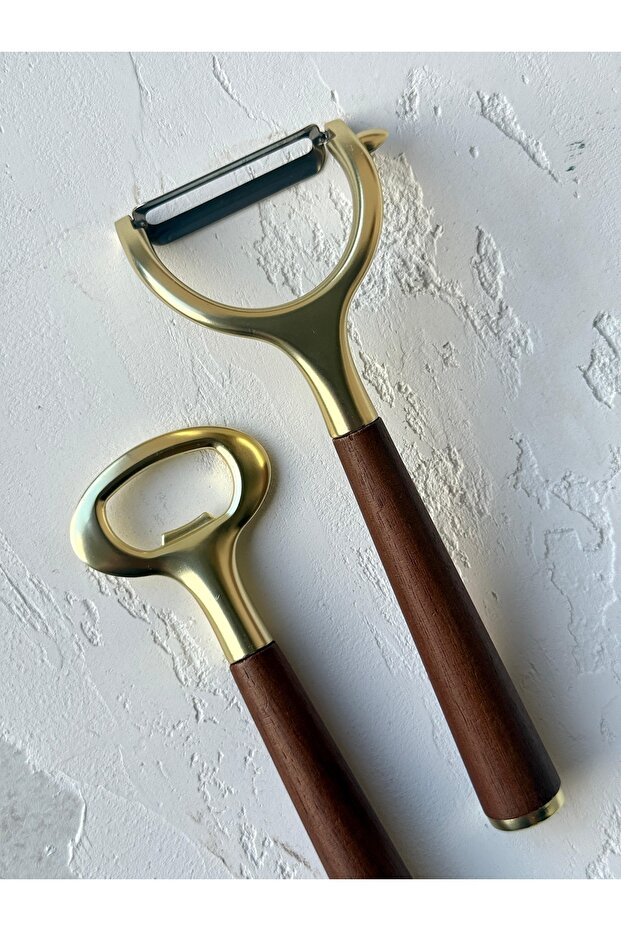 Noma 2Li Acacia Handle Steel Gold Peeler and Opener Set