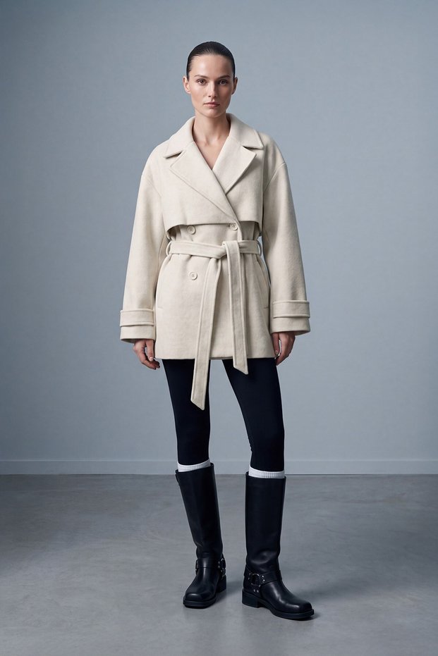 Short Cashmere Coat with Sleeve Cuff Detail Beige