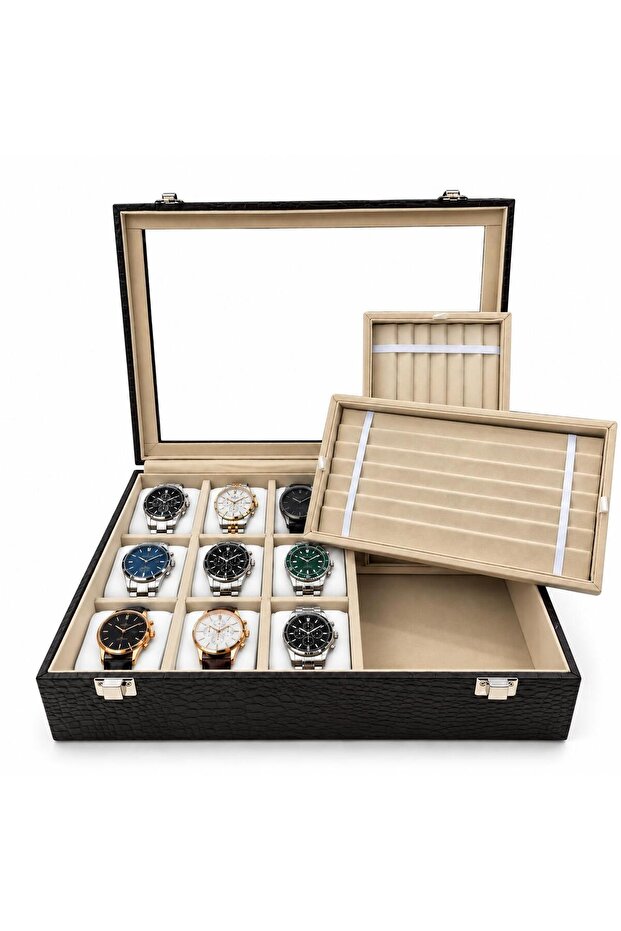 Watch and Prayer Beads Box with 9 Prayer Beads Compartments, Crocodile Brown