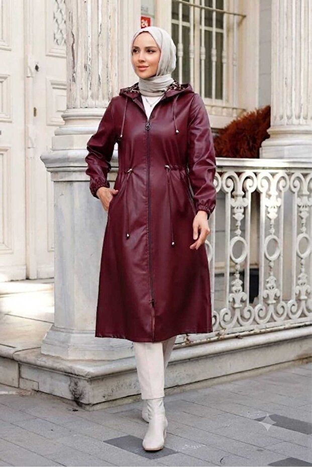 Women's Hooded Leather Cap with Pockets