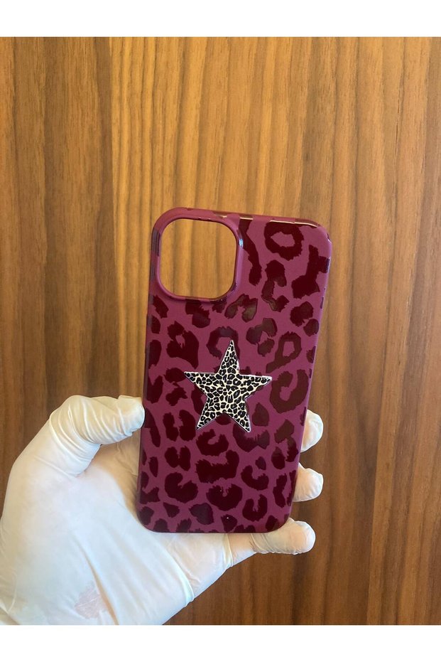iPhone 13/14 Star Leopard Printed Velvet Inside Launch Silicone Phone Case (Burgundy Color)