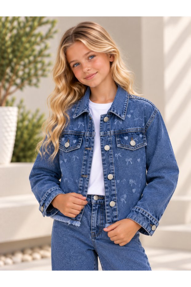 Girl's Bow and Heart Printed Denim Jacket-Jeans Jacket-Denim Coat
