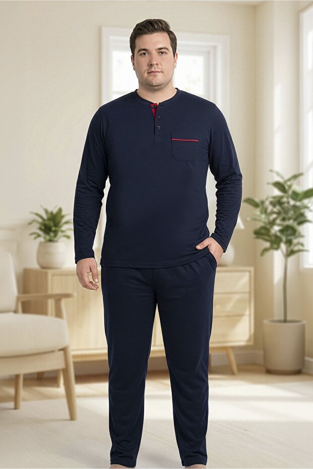 Men's Navy Blue 100% Cotton Uzunkol Tok Fabric Collar Buttoned Large Size Comfortable Fit Pajama Set