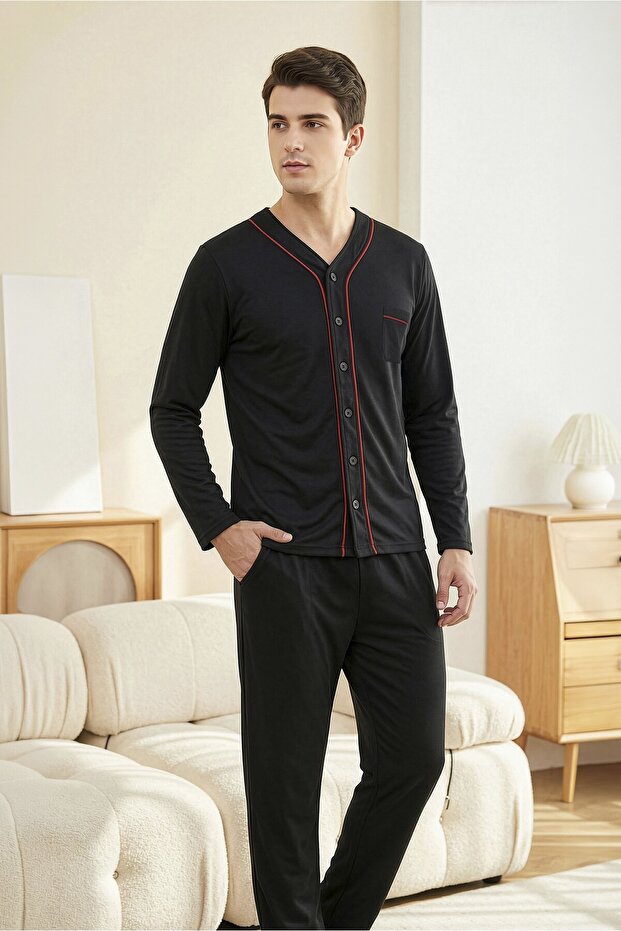 Men's black full-length buttoned pajama set, 100% cotton, hospital pajamas