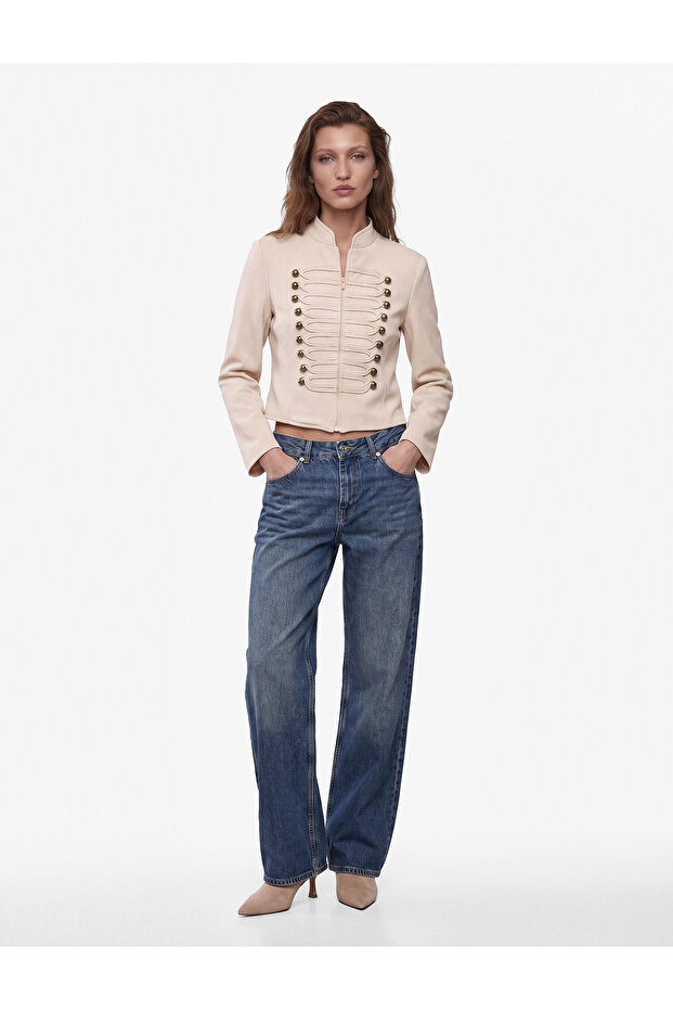 High Collar Long Sleeve Ornamental Buttoned Gabardine Crop Napoleon Jacket