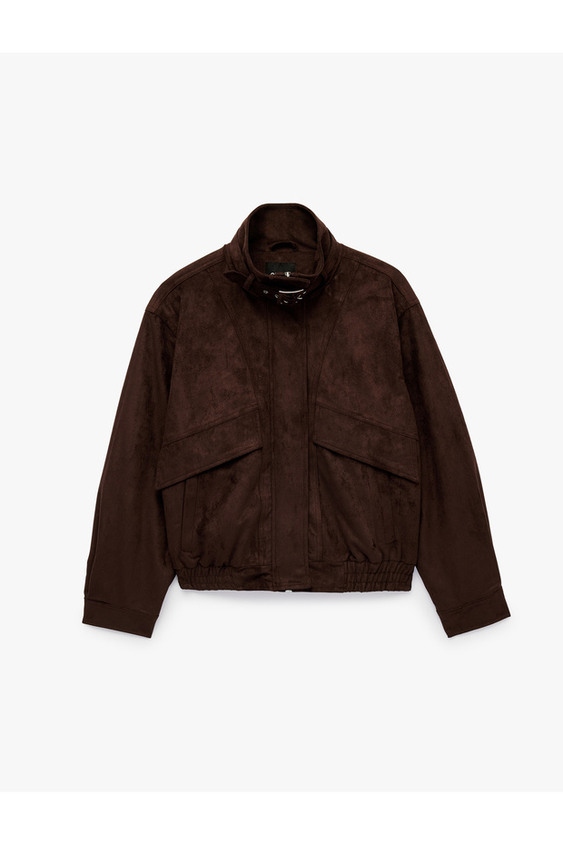 Pocketed Belted Stand Collar Long Sleeve Zippered Suede Look Jacket