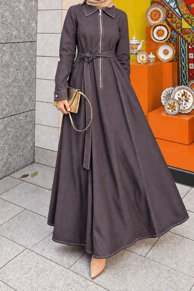 Zippered Waist Pleated Denim Dress - 4560 - Claret Red