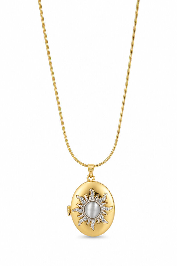 Stainless Steel Yellow Tone Sun Motif Stone Medallion Necklace