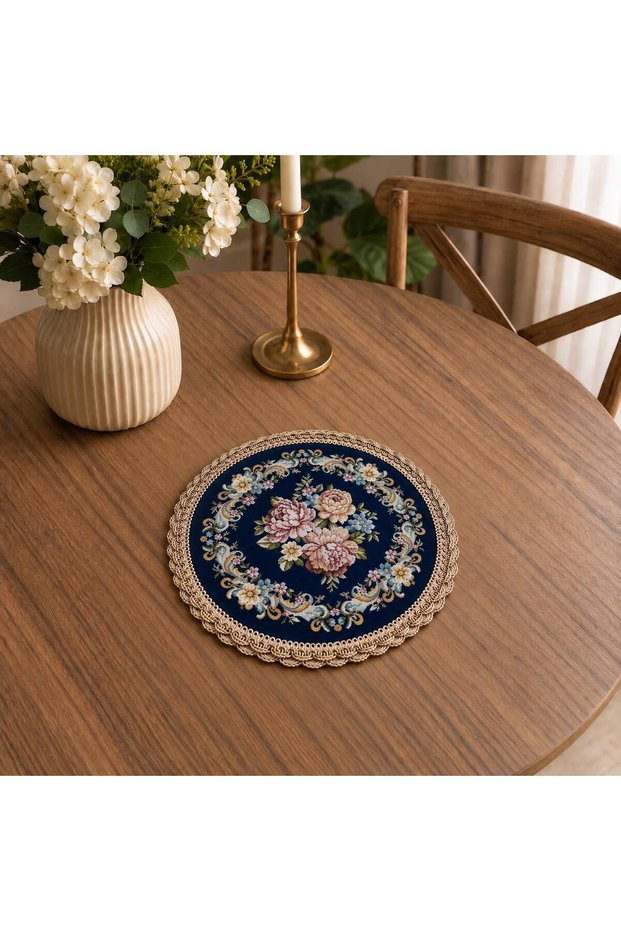 Royal Bouquet Goblen Fiskos Cover – 30 cm Round Decorative Coffee Table Cover