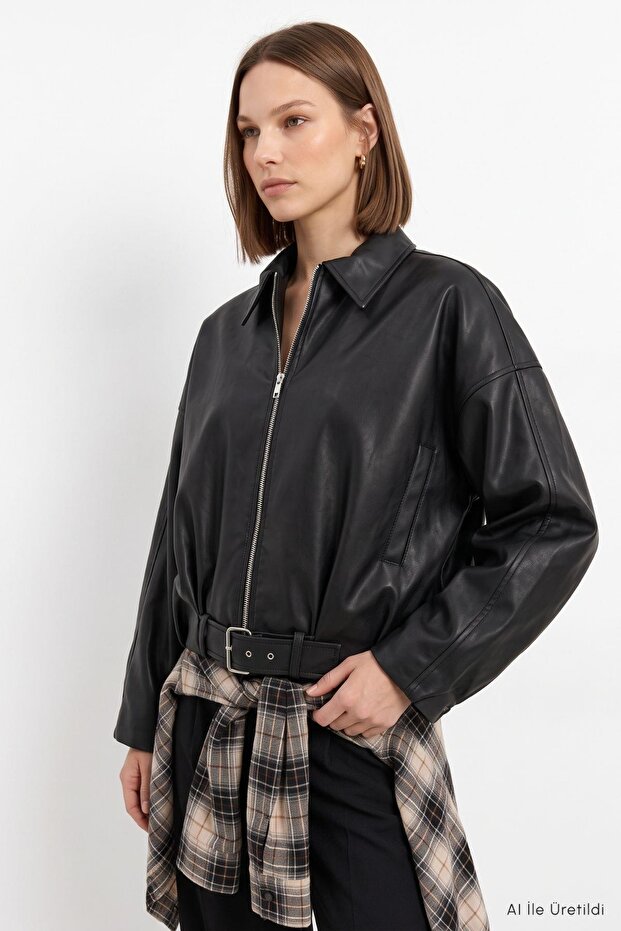 Oversize Deri Ceket 3137 Siyah
