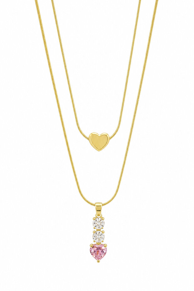 Stainless Steel Double Necklace Set Heart and Zircon Stone Combination Special for Women
