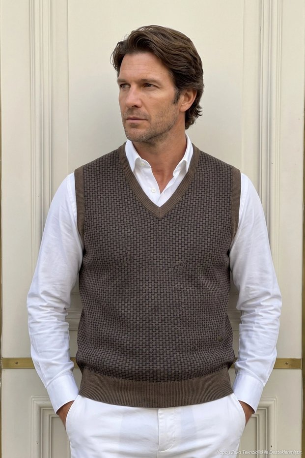 Men's V-Neck Mink Sweater Straw Pattern Steel Knit Classic Pattern - 5441H